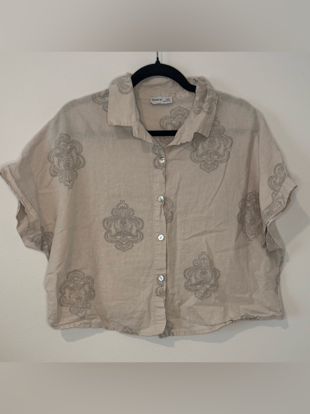 Civico 51 Linen Blend Cropped Button Up Shirt Made in Italy Size L Beige